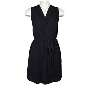 Monteau Women's Black Sleeveless Faux Wrap Tie Waist Mini Dress Small